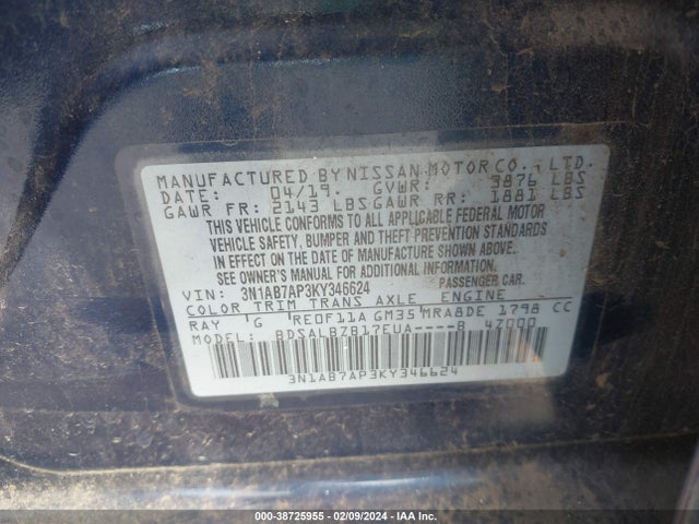 Nissan SENTRA S 2019 3N1AB7AP3KY346624 Image 9