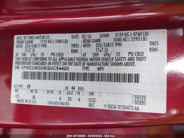 Ford ESCAPE SE 2016 1FMCU9GX8GUC54420 Image 9