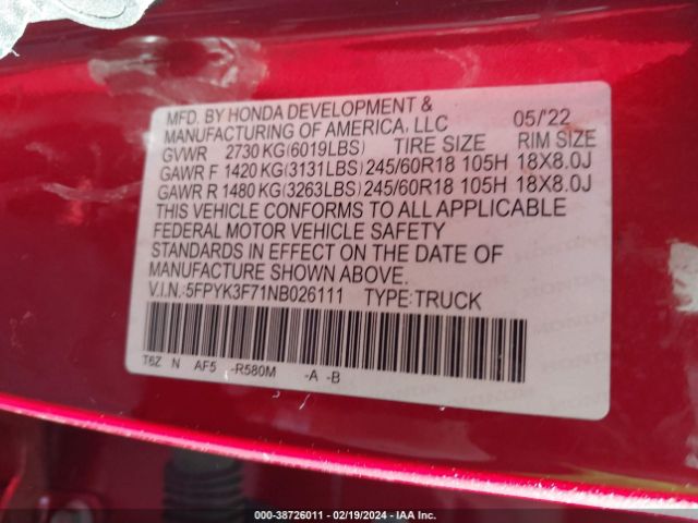 5FPYK3F71NB026111 Honda Ridgeline Rtl-e