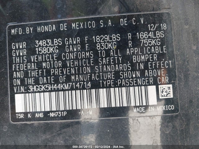 Honda FIT LX 2019 3HGGK5H44KM714714 Image 9