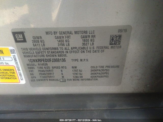 Chevrolet Traverse Ls 2015 1GNKRFED0FJ368136 Image 9