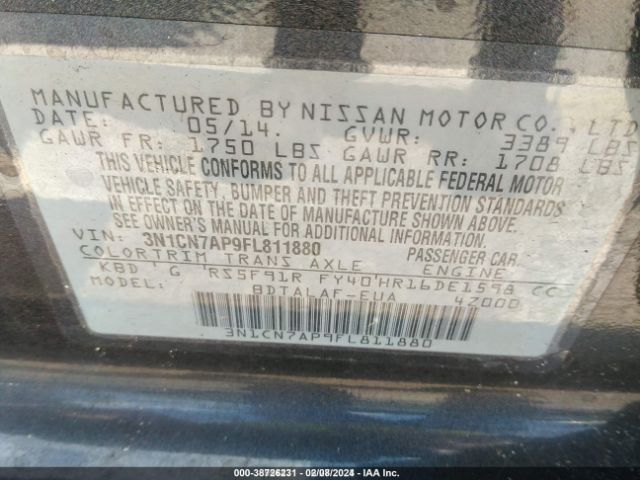 3N1CN7AP9FL811880 Nissan Versa 1.6 S