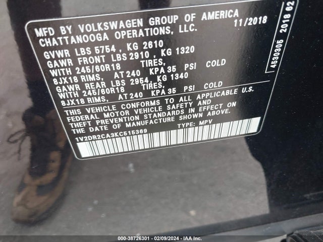2019 VOLKSWAGEN ATLAS 3.6L V6 SE VIN: 1V2DR2CA3KC515369