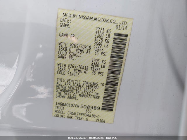 Nissan TITAN SV 2014 1N6BA0ED7EN508989 Image 9