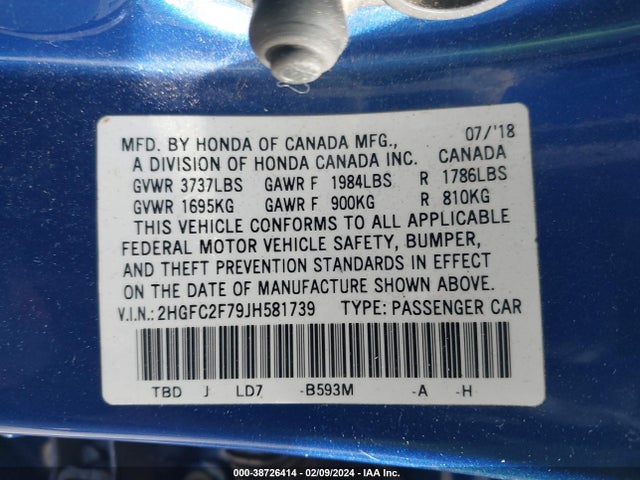 Honda CIVIC EX 2018 2HGFC2F79JH581739 Image 9