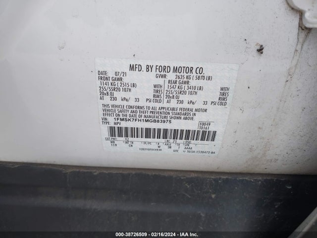 Ford Explorer Limited 2021 1FMSK7FH1MGB83975 Image 9