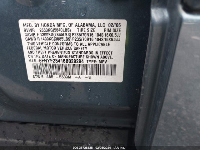 2006 HONDA PILOT EX VIN: 5FNYF28416B029294