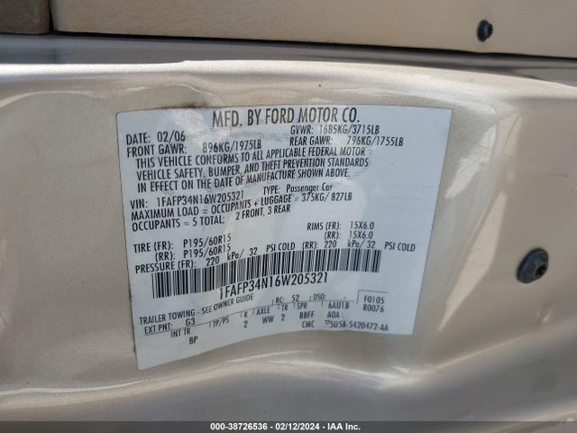2006 FORD FOCUS ZX4 VIN: 1FAFP34N16W205321