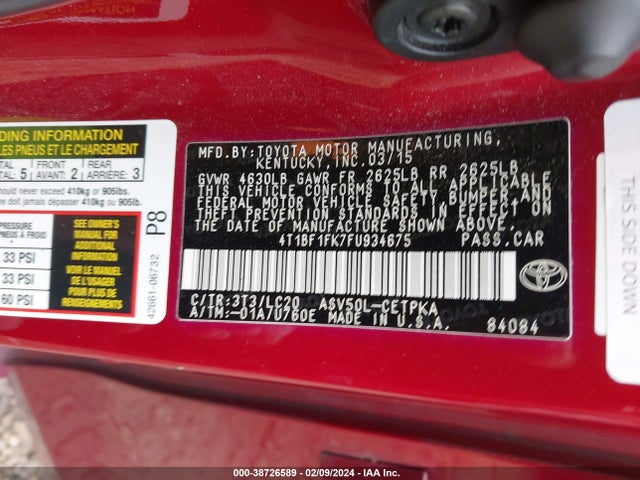 Toyota CAMRY XSE 2015 4T1BF1FK7FU934675 Image 9