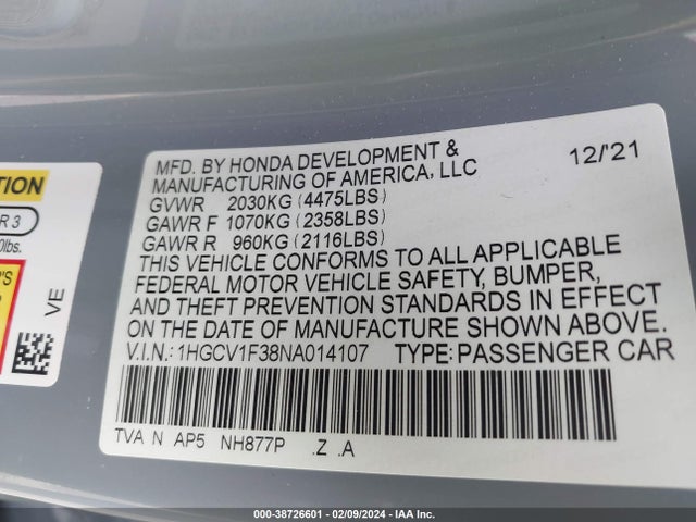 Honda Accord Sport 2022 1HGCV1F38NA014107 Image 9