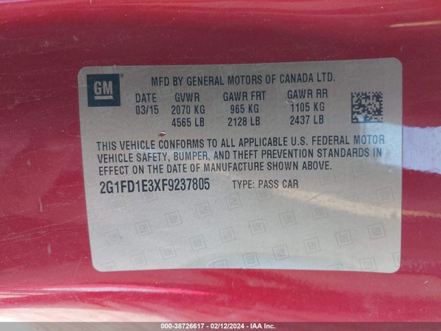 Chevrolet Camaro 1lt 2015 2G1FD1E3XF9237805 Image 9