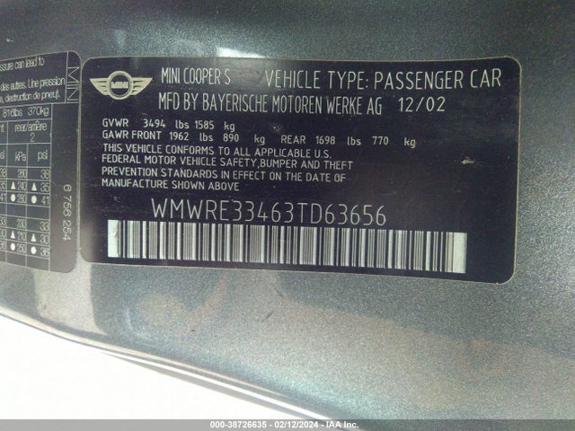2003 MINI COOPER S WMWRE33463TD63656 Photo 8