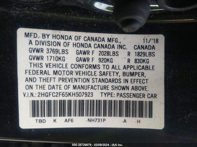 Honda Civic Lx 2019 2HGFC2F65KH507923 Image 9