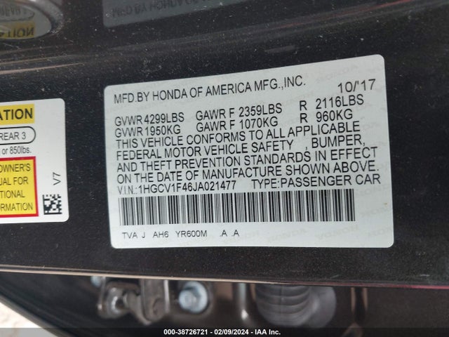 Honda ACCORD EX 2018 1HGCV1F46JA021477 Image 9