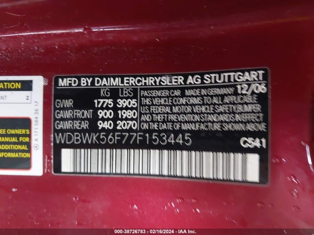 2007 MERCEDES-BENZ SLK 350 VIN: WDBWK56F77F153445