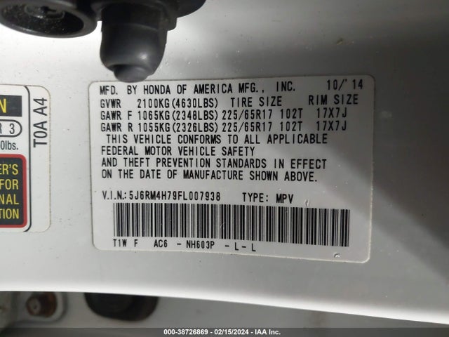 Honda Cr-v Ex-l 2015 5J6RM4H79FL007938 Image 9