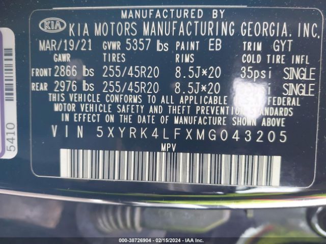 5XYRK4LFXMG043205 KIA Sorento Sx Prestige