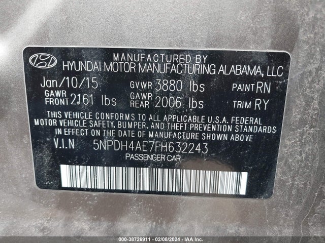 Hyundai ELANTRA SE 2015 5NPDH4AE7FH632243 Image 9