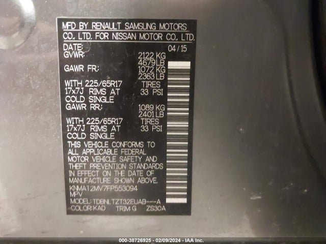 Nissan ROGUE SV 2015 KNMAT2MV7FP553094 Image 9