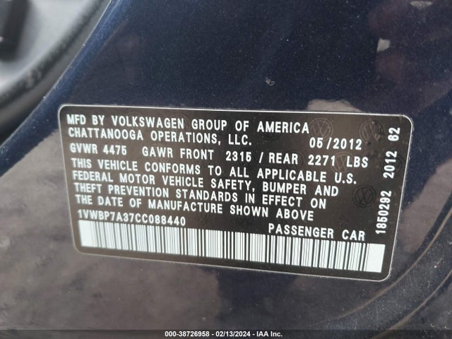 2012 VOLKSWAGEN PASSAT 2.5L SE VIN: 1VWBP7A37CC088440