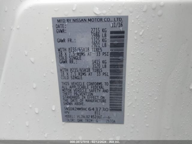 5N1DR2MM9HC643730 Nissan Pathfinder S