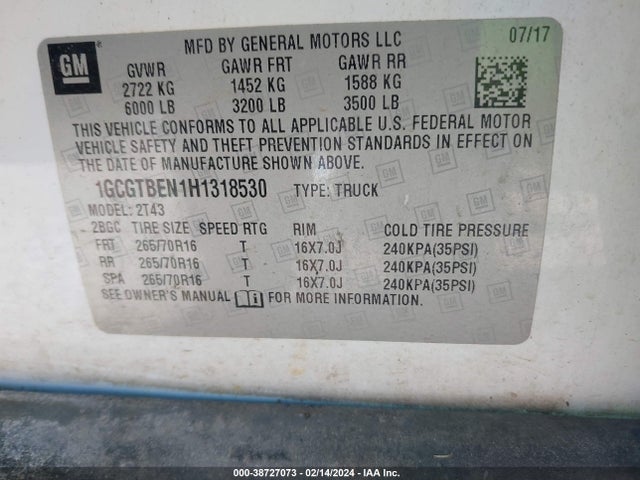 Chevrolet Colorado Wt 2017 1GCGTBEN1H1318530 Image 9