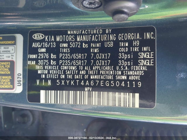 KIA SORENTO LX 2014 5XYKT4A67EG504119 Image 9