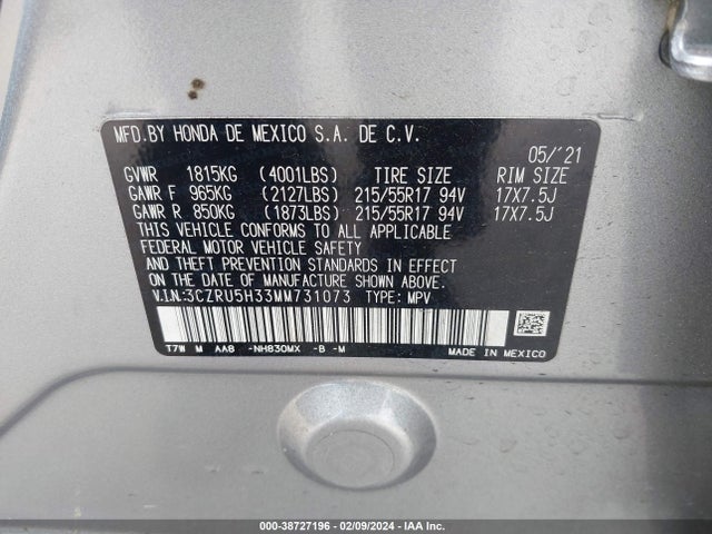 Honda Hr-v 2wd Lx 2021 3CZRU5H33MM731073 Image 9
