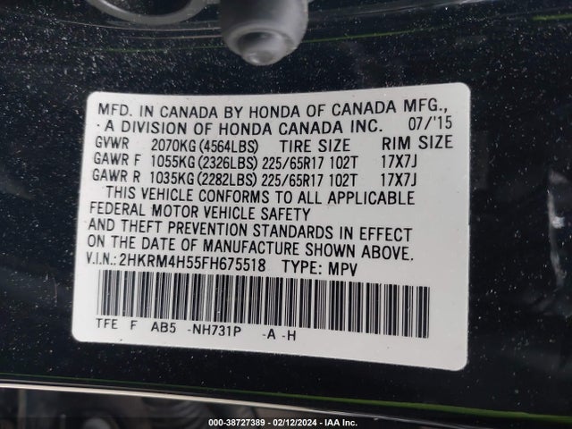 Honda CR-V EX 2015 2HKRM4H55FH675518 Image 9