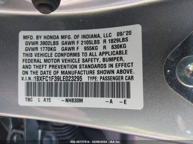 Honda CIVIC EX 2020 19XFC1F39LE023295 Image 9