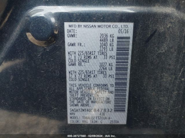 5N1AT2MT4GC847832 Nissan ROGUE SV