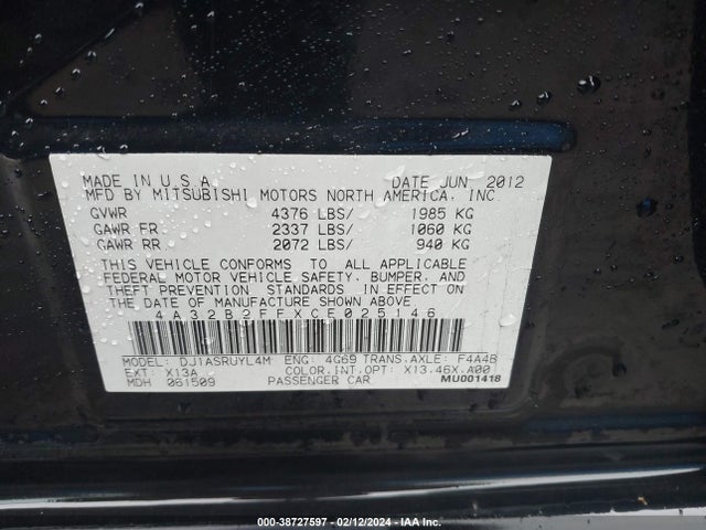 2012 MITSUBISHI GALANT FE VIN: 4A32B2FFXCE025146