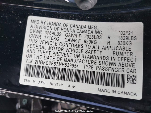 Honda Civic Lx 2021 2HGFC2F67MH539954 Image 9