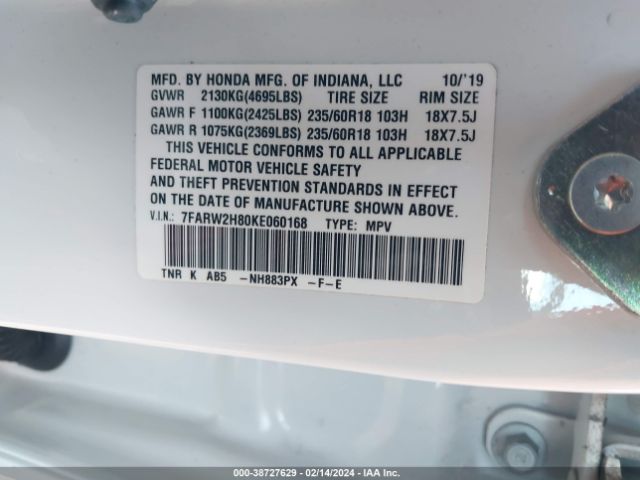 7FARW2H80KE060168 Honda Cr-v Ex-l