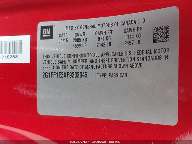 Chevrolet Camaro 2lt 2015 2G1FF1E3XF9202045 Image 9