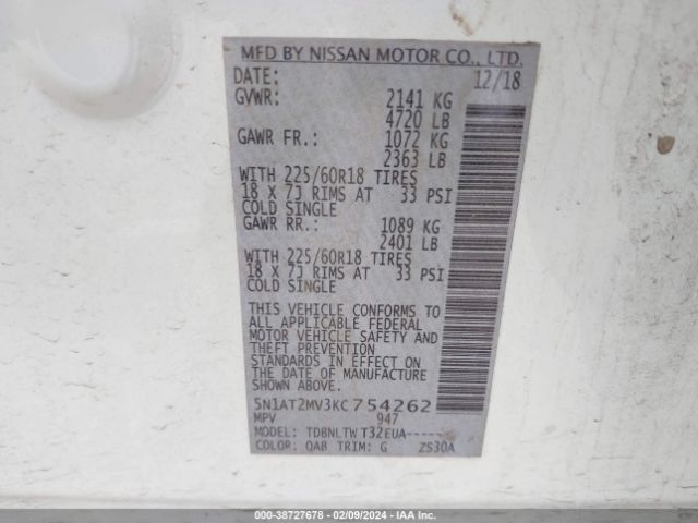 5N1AT2MV3KC754262 Nissan ROGUE SV