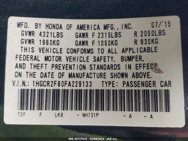 Honda Accord Ex-l 2015 1HGCR2F80FA229133 Image 9