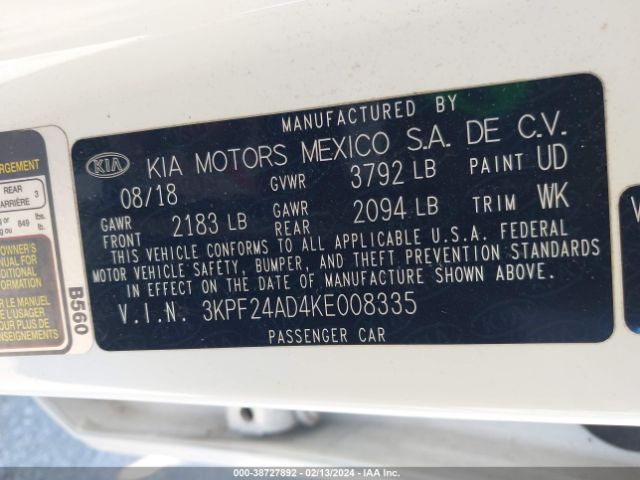3KPF24AD4KE008335 KIA FORTE FE