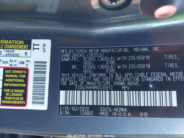Toyota Highlander Xle 2021 5TDGZRAH9MS535912 Image 9
