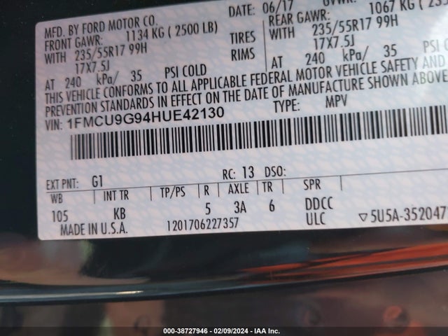Ford ESCAPE SE 2017 1FMCU9G94HUE42130 Image 9