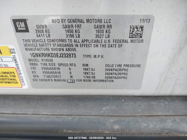 Chevrolet Traverse 2lt 2014 1GNKRHKD3EJ232873 Image 9