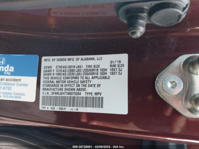 5FNRL6H77KB075284 Honda Odyssey Ex-l