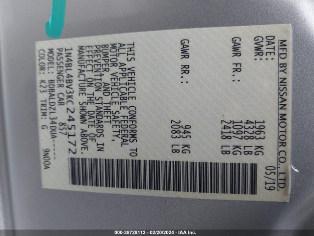 Nissan Altima 2.5 S 2019 1N4BL4BV3KC245172 Image 9