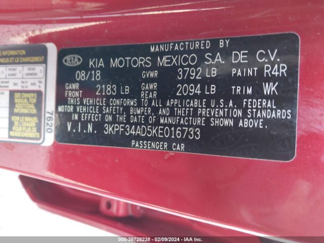 3KPF34AD5KE016733 KIA FORTE S