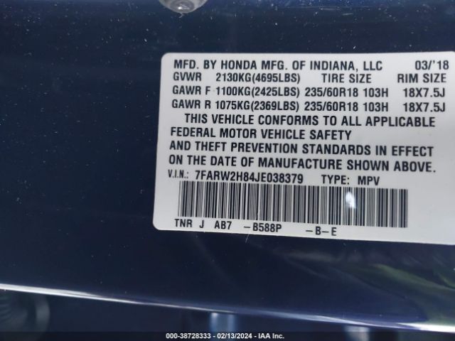 7FARW2H84JE038379 Honda Cr-v Ex-l/ex-l Navi