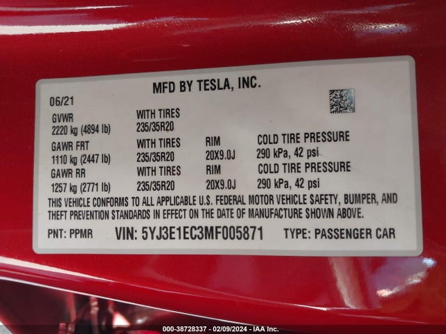5YJ3E1EC3MF005871 Tesla Model 3 Performance Dual Motor All-wheel Drive