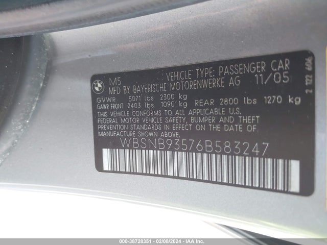 2006 BMW M5 VIN: WBSNB93576B583247