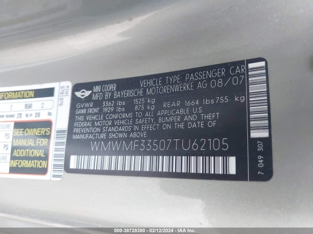 2007 MINI COOPER WMWMF33507TU62105 Photo 8