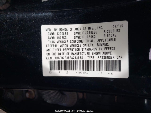 Honda ACCORD LX 2015 1HGCR2F35FA243985 Image 9