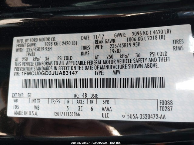 Ford ESCAPE SE 2018 1FMCU0GD3JUA83147 Image 9